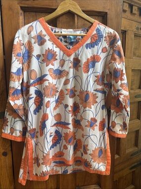 Gretchen Scott White Tunic Top with Orange & Blue Floral Print